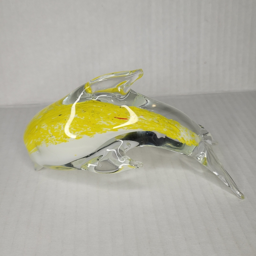 Glass Dolphin Paperweight Yellow White Figurine 5" Home Decor Sea Beach House